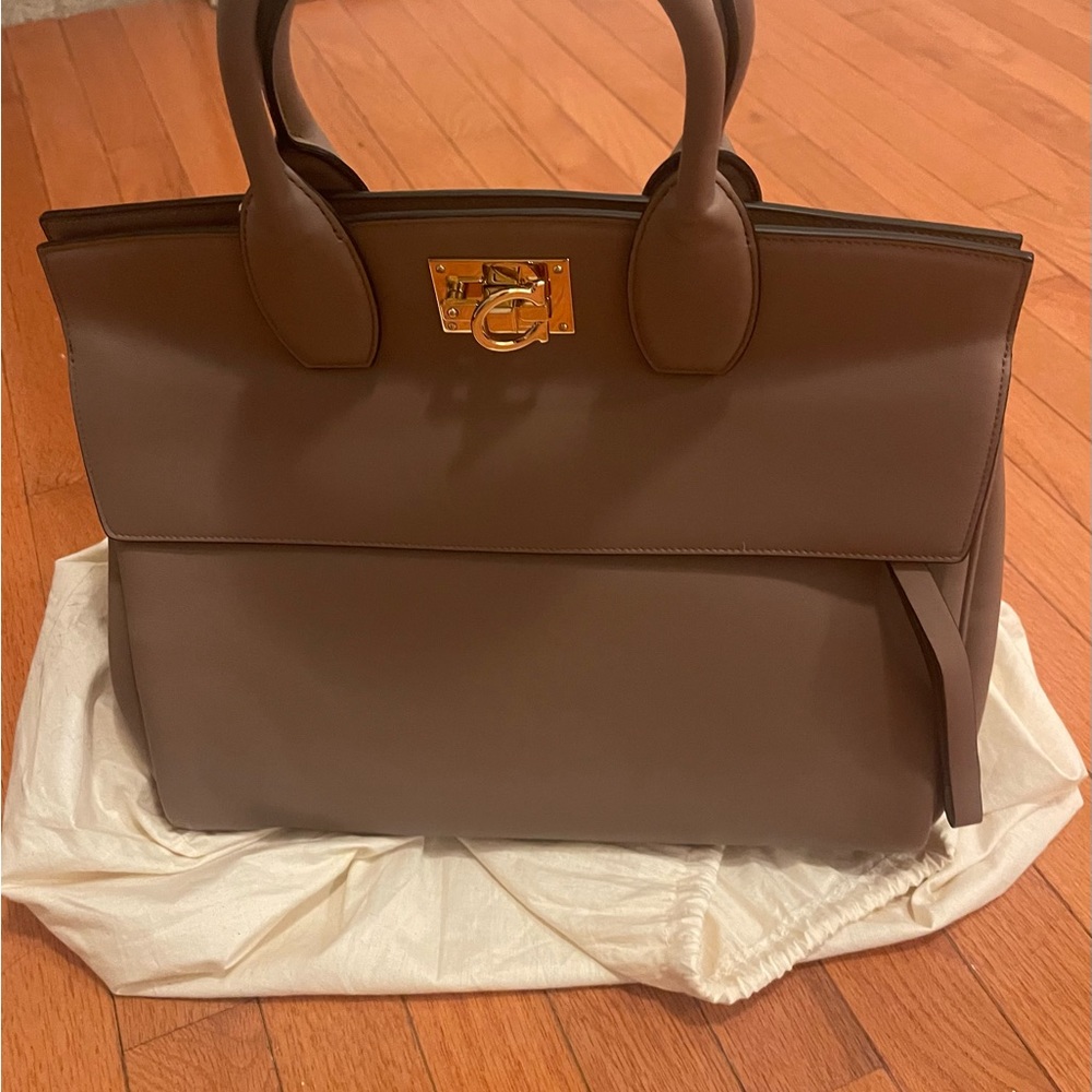 Salvatore Ferragamo Calfskin Large Studio Bag Mud